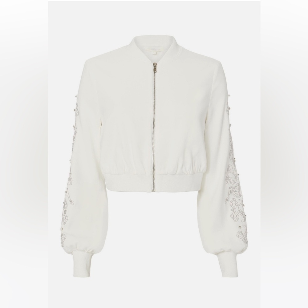 Jonathan Simkhai crystal embroidered white cropped bomber jacket Sz Small